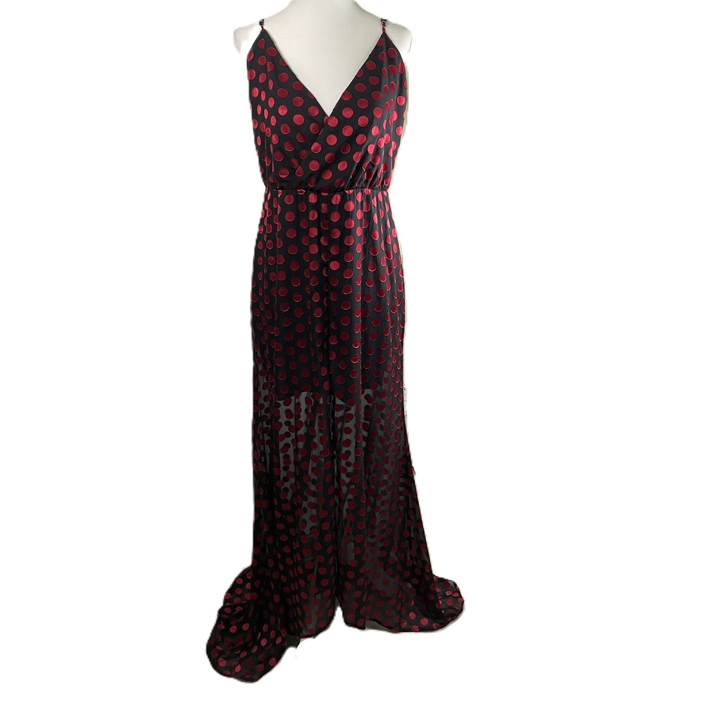 Lovers + Friends Maxi Slip Dress M Black Red Polka‎ Dot V Neck Sheer Overlay